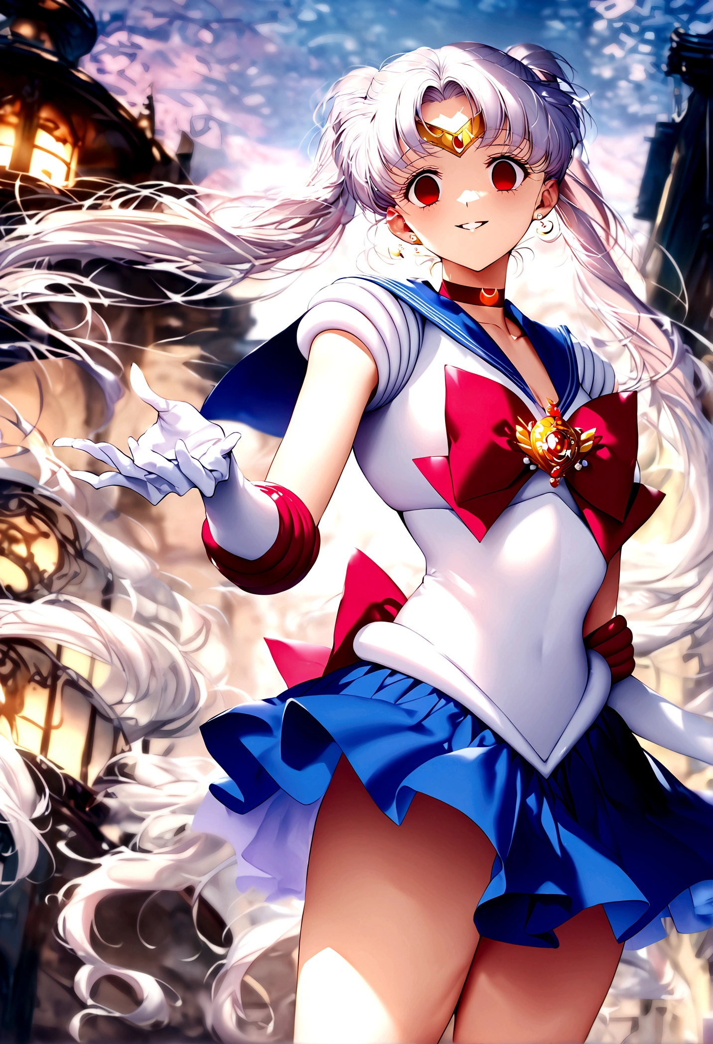 (masterpiece, Highest quality, so beautiful, Super detailed), Intricate details, 12k, Honestly, Long Hair, Double Bang, Twin tails, Parted bangs, tiara, Earrings, red eyes, Red choker, Blue sailor collar, Red Bow, White shirt, Elbow hand pockets, White gloves, Blue Skirt, Are standing, Cowboy Shot,,(evil smile:1.2), 1girl,(Silver Hair:1.4),(empty eyes,:1.4),from below,looking dawn,dark aura,View your viewers
