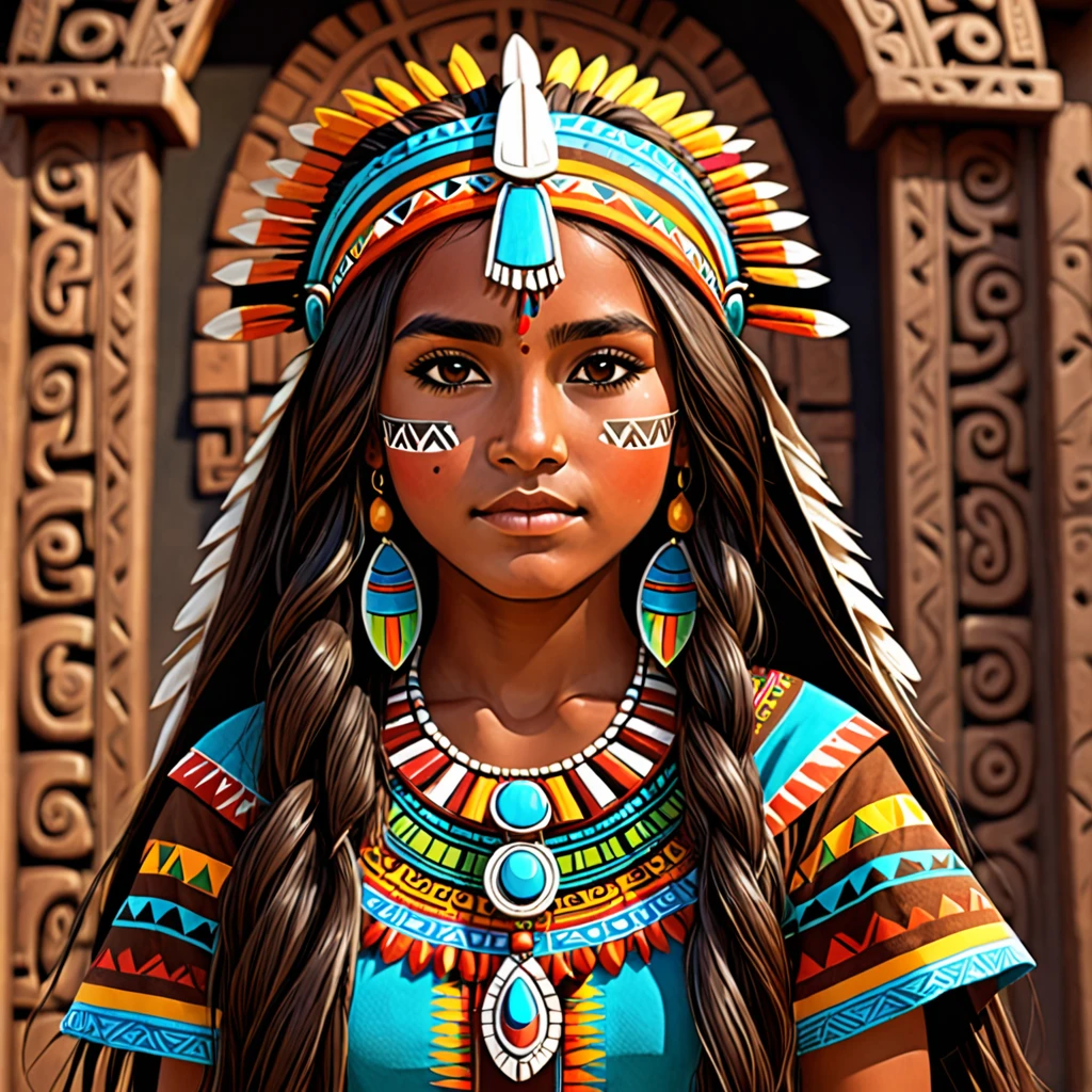 An Aztec girl, cute, with long hair and a brown skin.