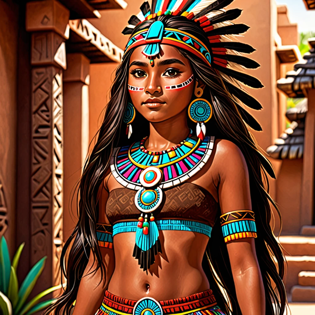 An Aztec girl, cute, with long hair and a brown skin.