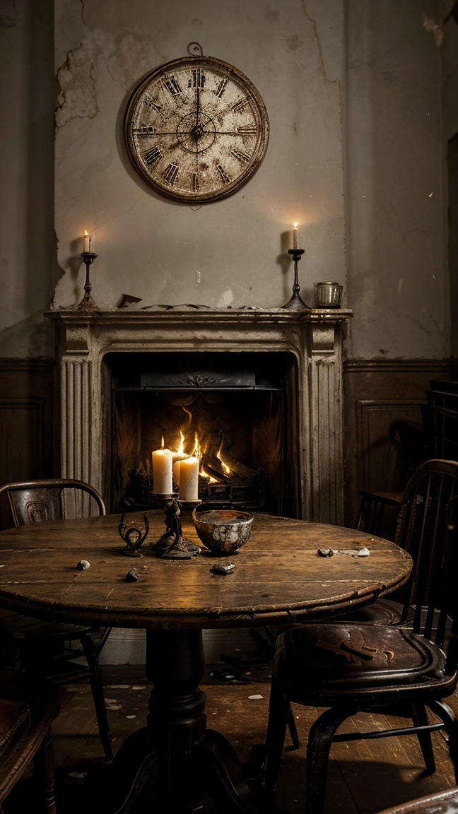 Desolate dining room, cracked wooden table with rickety chairs, antique candlesticks with melted candles, broken plates and rusty cutlery on the table, walls decorated with torn wallpaper, a wall clock stopped a long time ago, an unlit fireplace full of ashes and soot