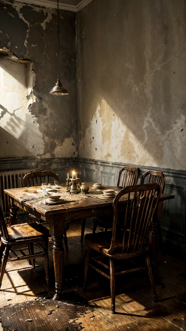 Desolate dining room, cracked wooden table with rickety chairs, antique candlesticks with melted candles, broken plates and rusty cutlery on the table, walls decorated with torn wallpaper, a wall clock stopped a long time ago, an unlit fireplace full of ashes and soot
