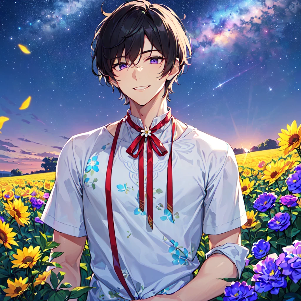 masterpiece,best quality,high quality,(1 male austere handsome solo adult age 30 years old:1.5), purple eyes, cool with suspended eyes, V-shaped eyebrows, body strong and fearless 8.5 head tall, height 185cm, (well-groomed black short hair down to neck:1.4), (bangs 7 thirds parted:1.4), slender nose, facial muscles, throat, (pants with summer flower prints summer fashion:1.3), (holding a bouquet of summer flowers), (stylish pose), (fearless smile:1.3), (background summer flower field:1.3), (Night Sky:1.3), (upper body:1.3)