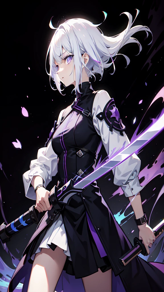 colorful, 1 girl, white hair, purple eyes, holding a pair, sword, holding sword, blue flame, glow, glowing weapon, light particles, Wallpaper, Chromatic aberration,