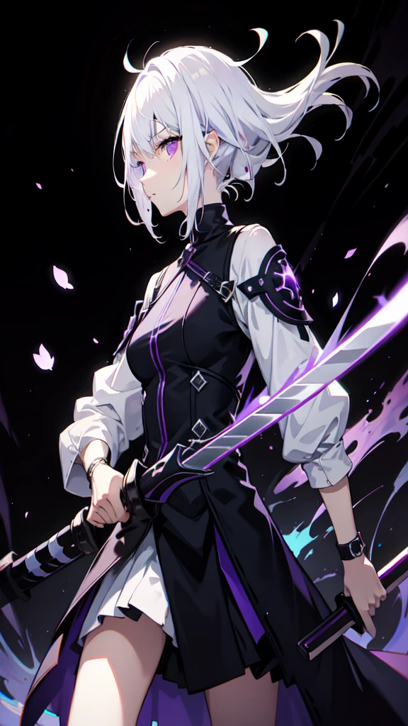 colorful, 1 girl, white hair, purple eyes, holding a pair, sword, holding sword, blue flame, glow, glowing weapon, light particles, Wallpaper, Chromatic aberration,