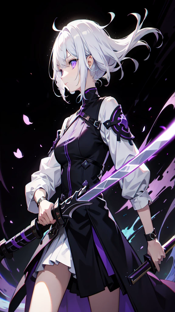 colorful, 1 girl, white hair, purple eyes, holding a pair, sword, holding sword, blue flame, glow, glowing weapon, light particles, Wallpaper, Chromatic aberration,