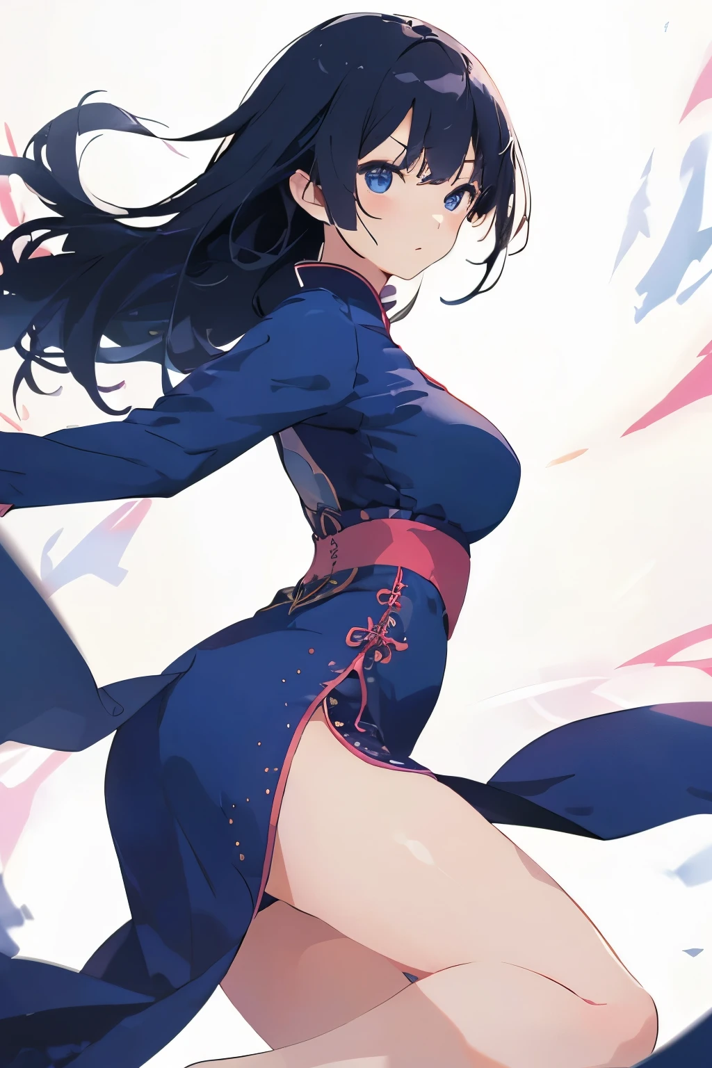 best quality, masterpiece, (独奏:1.2), (1 Female:1.2)、Age 25、Larger breasts、(Slender figure)、(from side:1.2)、(One leg up pose:1.2)、(Dynamic)、(Fighting pose)、(Blue Chinese Dress:1.2)、(Thighs)、(White highlight in pupil:1.2)、Dark blue eyes、(Black-haired:1.2)、Straight bangs、(Long Hair)、(View your viewers:1.2)、White skin、(blush)、(Serious expression)、(I blur the background a lot to make the woman stand out.:1.3)、(Half backlight)、(Abstract style background:1.2)、A background that gives a sense of wind and momentum