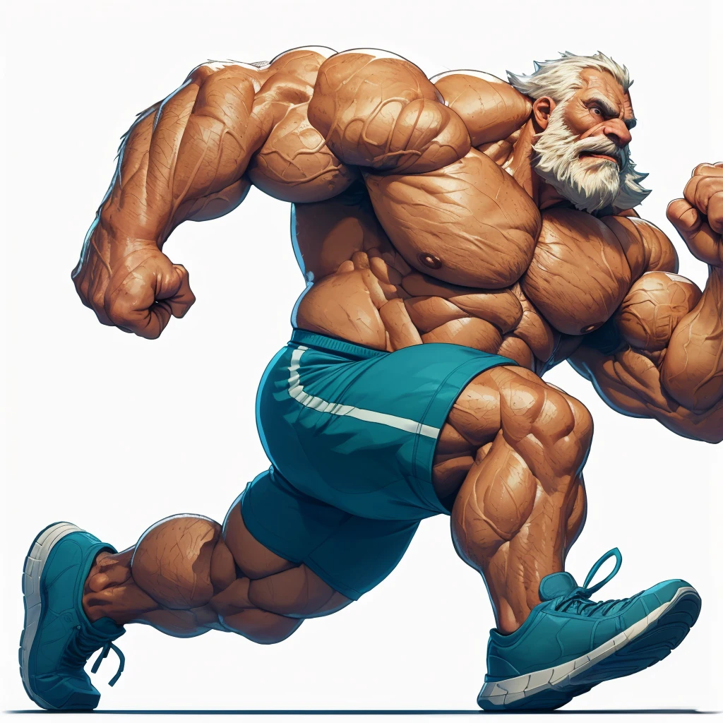 A huge muscular old man, detailed wrinkles, detailed veins, detailed muscles, running, (best quality,4k,8k,highres,masterpiece:1.2),ultra-detailed,(realistic,photorealistic,photo-realistic:1.37),dramatic lighting,chiaroscuro,atmospheric,moody,cinematic
