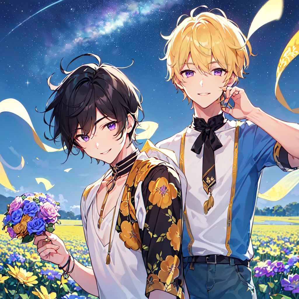 masterpiece,best quality,high quality,(1 male austere handsome solo adult age 30 years old:1.5), purple eyes, cool with suspended eyes, V-shaped eyebrows, body strong and fearless 8.5 head tall, height 185cm, (well-groomed black short hair down to neck:1.4), (bangs 7 thirds parted:1.4), slender nose, facial muscles, throat, (pants with summer flower prints summer fashion:1.3), (holding a bouquet of summer flowers), (stylish pose), (fearless smile:1.3), (background summer flower field:1.3), (Night Sky:1.3), (upper body:1.3)