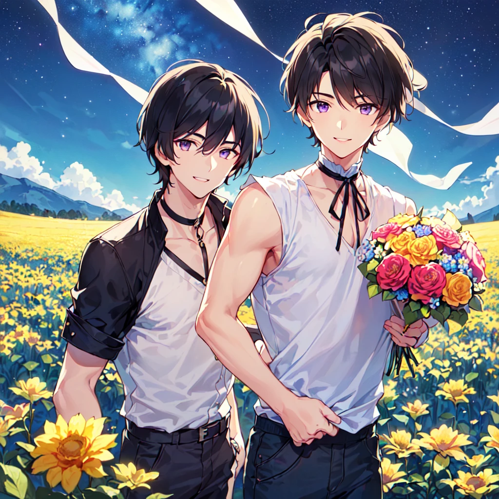 masterpiece,best quality,high quality,(1 male austere handsome solo adult age 30 years old:1.5), purple eyes, cool with suspended eyes, V-shaped eyebrows, body strong and fearless 8.5 head tall, height 185cm, (well-groomed black short hair down to neck:1.4), (bangs 7 thirds parted:1.4), slender nose, facial muscles, throat, (pants with summer flower prints summer fashion:1.3), (holding a bouquet of summer flowers), (stylish pose), (fearless smile:1.3), (background summer flower field:1.3), (Night Sky:1.3), (upper body:1.3)