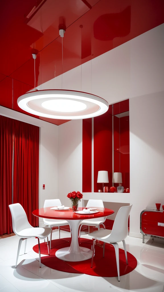 arafed room with a red carpet and a white table and chairs, white and red color scheme, futuristic decoration, verner panton, red and white color scheme, retro futuristic apartment, futuristic decor, red interior, futuristic looking living room, red color scheme, beautiful aesthetic design, futuristic interior, interior design architecture, red room, red and white color theme