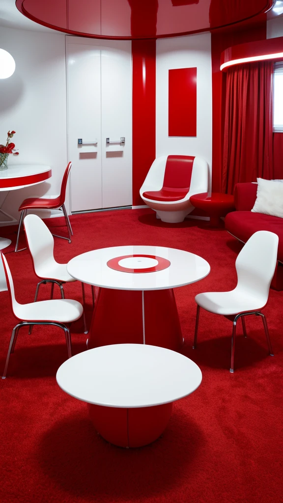 arafed room with a red carpet and a white table and chairs, white and red color scheme, futuristic decoration, verner panton, red and white color scheme, retro futuristic apartment, futuristic decor, red interior, futuristic looking living room, red color scheme, beautiful aesthetic design, futuristic interior, interior design architecture, red room, red and white color theme
