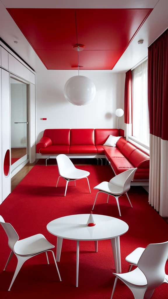 arafed room with a red carpet and a white table and chairs, white and red color scheme, futuristic decoration, verner panton, red and white color scheme, retro futuristic apartment, futuristic decor, red interior, futuristic looking living room, red color scheme, beautiful aesthetic design, futuristic interior, interior design architecture, red room, red and white color theme