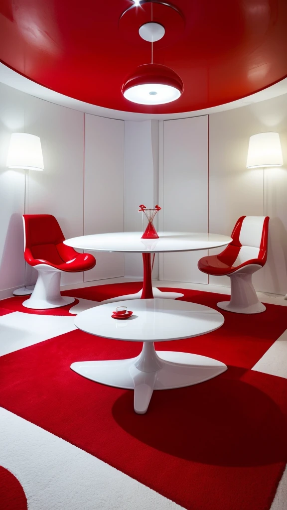 arafed room with a red carpet and a white table and chairs, white and red color scheme, futuristic decoration, verner panton, red and white color scheme, retro futuristic apartment, futuristic decor, red interior, futuristic looking living room, red color scheme, beautiful aesthetic design, futuristic interior, interior design architecture, red room, red and white color theme