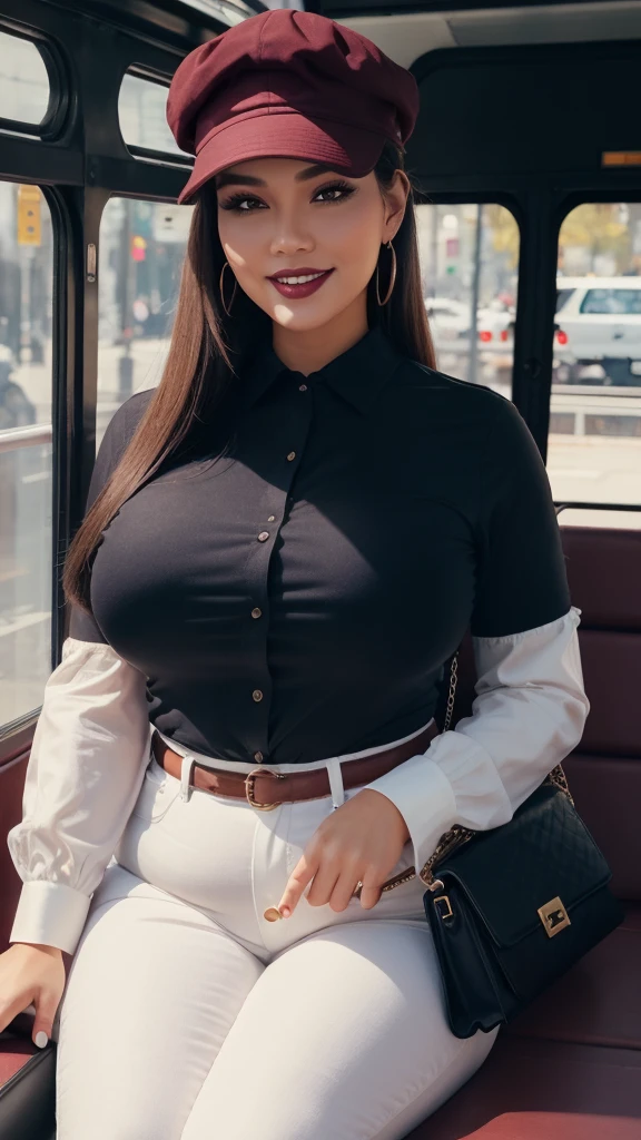 1 beautiful woman, ((large body:1.5)), maroon lips, cap, made-up eyelids, two-button blouse, white blouse, long-sleeved blouse, blue jeans, black handbag, sitting on the bus, mouth open,smile:1.3