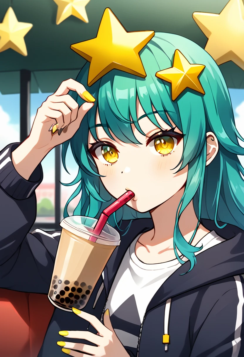 Girl with long dark turquoise hair, yellow eyes, yellow star pin in her head, drinking one bubble tea. Plain White backround