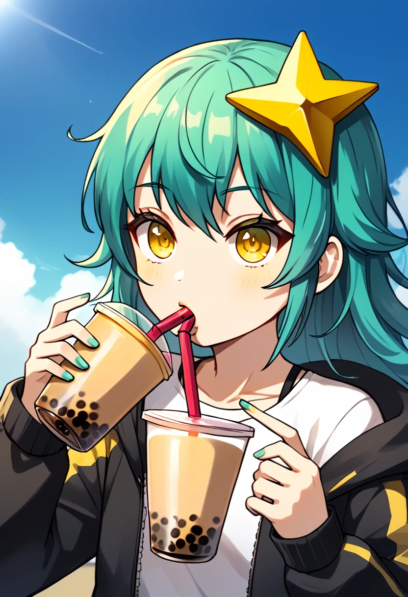 Girl with long dark turquoise hair, yellow eyes, yellow star pin in her head, drinking one bubble tea. Plain White backround