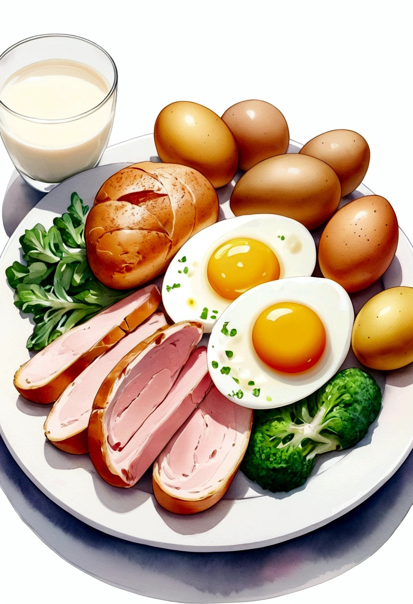 ((best quality)), ((masterpiece)), (detailed), water color style, create a picture of healthy food on a plate. The food consist of, Eggs, bread, potatoes, glass of milk, meat, chicken meat, some vegetables, against brilliant white background, 8k, high resolution,