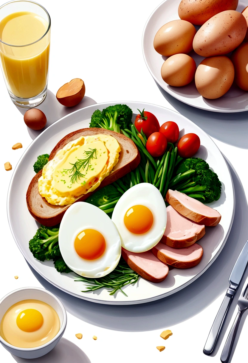((best quality)), ((masterpiece)), (detailed), water color style, create a picture of healthy food on a plate. The food consist of, Eggs, bread, potatoes, glass of milk, meat, chicken meat, some vegetables, against brilliant white background, 8k, high resolution,
