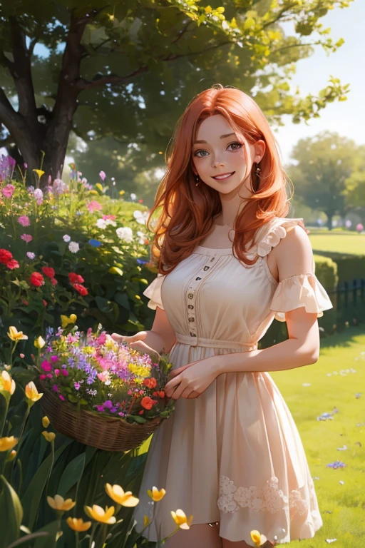perfect face, perfect hands. A copper haired woman with copper eyes and small breasts in a summer dress is picking flowers in the park with a big smile