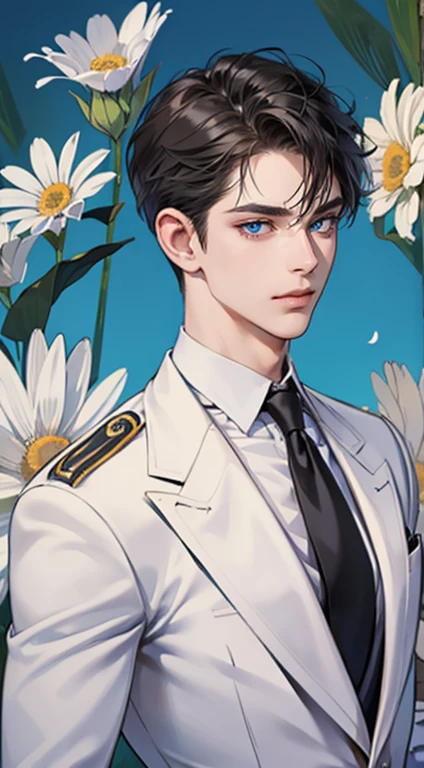 ((masterpiece)),(((best quality))), (detailed light) (detailed shadow), (high quality, breathtaking),(expressive eyes, perfect face), 1man, solo, male, tall, (mature), board shoulder, muscular, short dark hair, side swep bangs, blue eyes, smiling, white suit, white tie, daisy flower background, flower petal flying, windy, look at viewer, one ear earing.