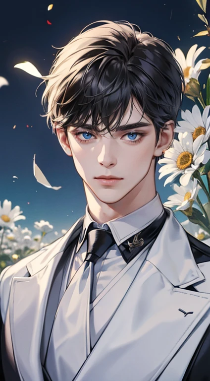 ((masterpiece)),(((best quality))), (detailed light) (detailed shadow), (high quality, breathtaking),(expressive eyes, perfect face), 1man, solo, male, tall, (mature), board shoulder, muscular, short dark hair, side swep bangs, blue eyes, smiling, white suit, white tie, daisy flower background, flower petal flying, windy, look at viewer, one ear earing.