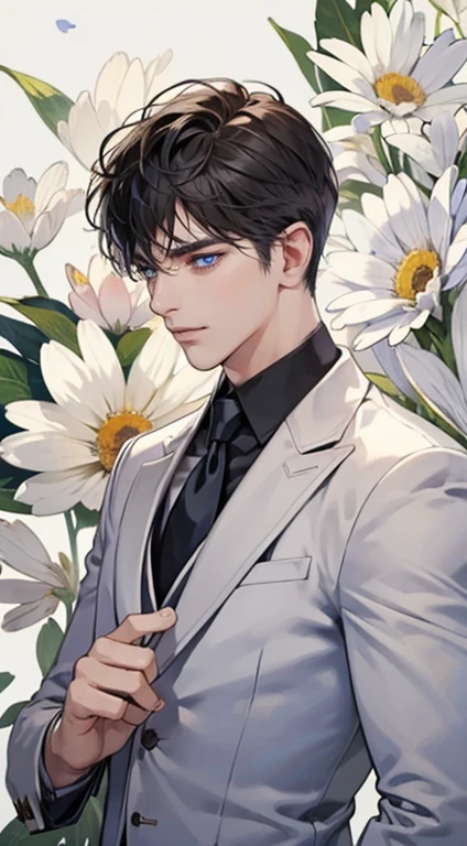 ((masterpiece)),(((best quality))), (detailed light) (detailed shadow), (high quality, breathtaking),(expressive eyes, perfect face), 1man, solo, male, tall, (mature), board shoulder, muscular, short dark hair, side swep bangs, blue eyes, smiling, white suit, white tie, daisy flower background, flower petal flying, windy, look at viewer, one ear earing.