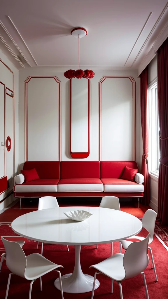 arafed room with a red carpet and a white table and chairs, concept art inspired by Zha Shibiao, pinterest, art nouveau, white and red color scheme, futuristic decoration, verner panton, red and white color scheme, retro futuristic apartment, futuristic decor, red interior, futuristic looking living room, red color scheme, beautiful aesthetic design, futuristic interior