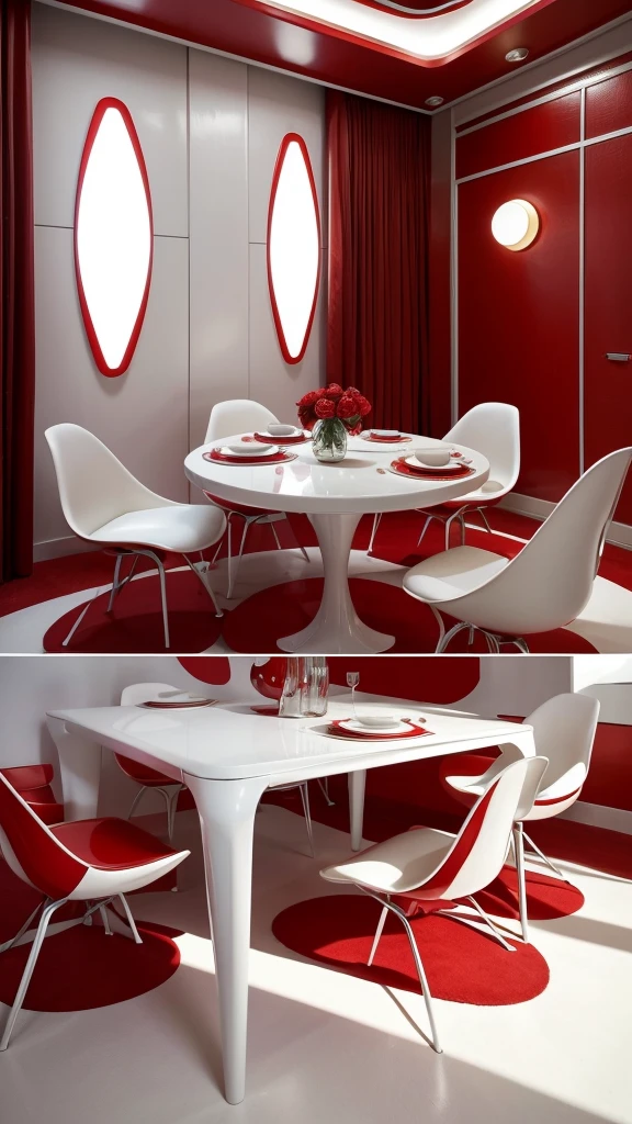arafed room with a red carpet and a white table and chairs, concept art inspired by Zha Shibiao, pinterest, art nouveau, white and red color scheme, futuristic decoration, verner panton, red and white color scheme, retro futuristic apartment, futuristic decor, red interior, futuristic looking living room, red color scheme, beautiful aesthetic design, futuristic interior