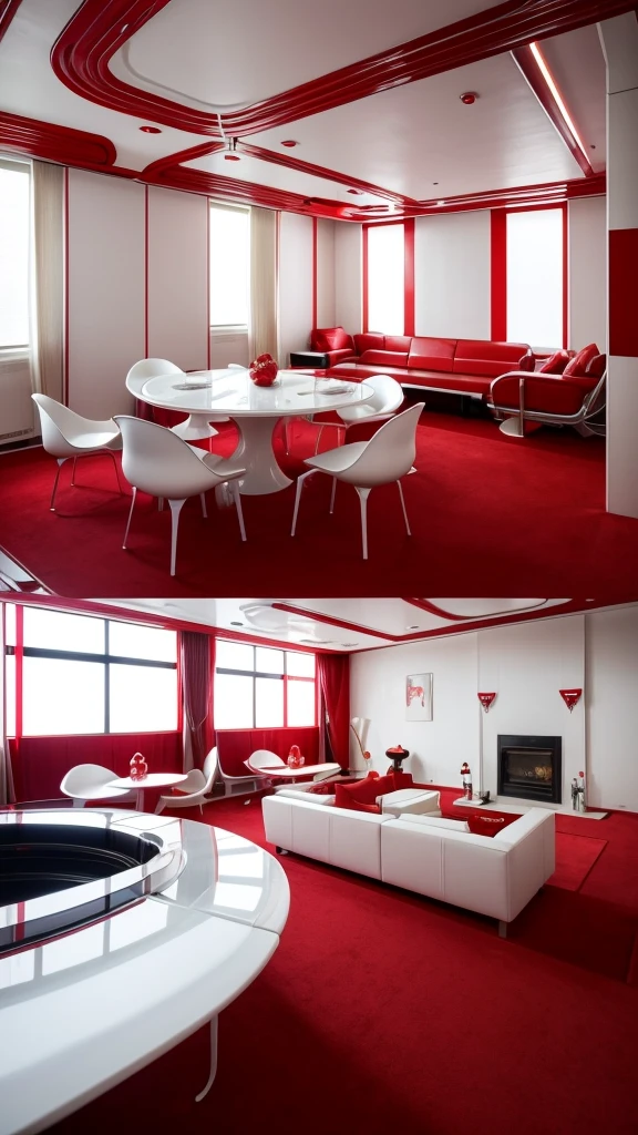 arafed room with a red carpet and a white table and chairs, concept art inspired by Zha Shibiao, pinterest, art nouveau, white and red color scheme, futuristic decoration, verner panton, red and white color scheme, retro futuristic apartment, futuristic decor, red interior, futuristic looking living room, red color scheme, beautiful aesthetic design, futuristic interior
