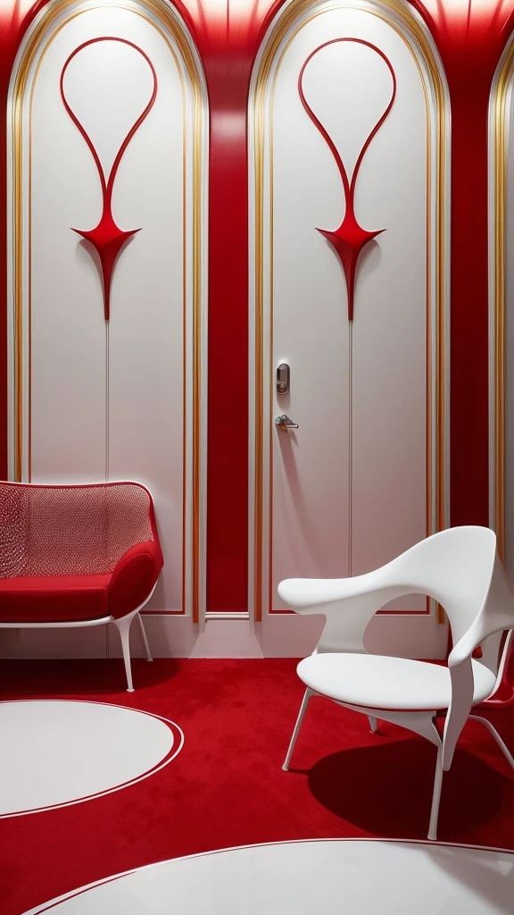 arafed room with a red carpet and a white table and chairs, concept art inspired by Zha Shibiao, pinterest, art nouveau, white and red color scheme, futuristic decoration, verner panton, red and white color scheme, retro futuristic apartment, futuristic decor, red interior, futuristic looking living room, red color scheme, beautiful aesthetic design, futuristic interior