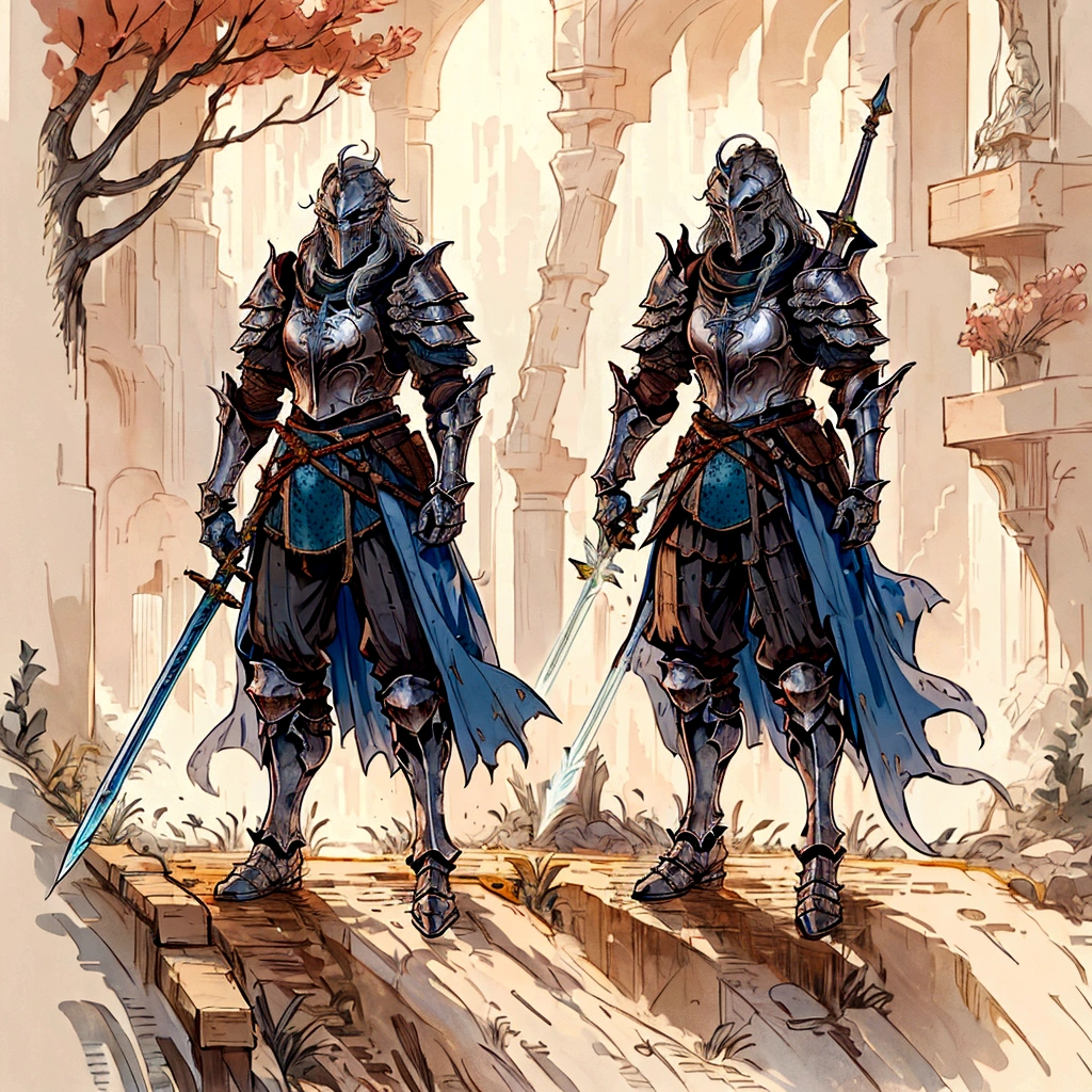 two knights in full armor with swords and a bow, medieval concept art, high fantasy concept art, for honor charector concept art, expert high detail concept art, high detail concept art, the witcher concept art, knights armor, concept art of a warrior, high quality concept art, official concept art, rpg character concept art, rpg concept art character, high quality character design