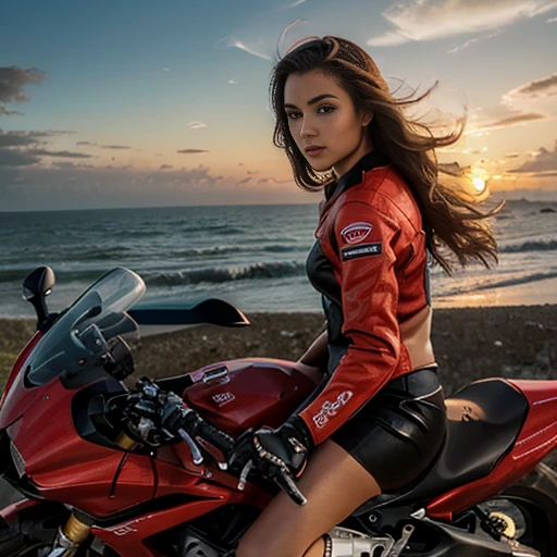 (best qualityer, high resolution),1 girl, sitting on a mighty, the modern Ducati motorcycle, color red,dynamic pose, wind blowing your hair, swirly vibrant colors, stunning sunset, landscape by the sea