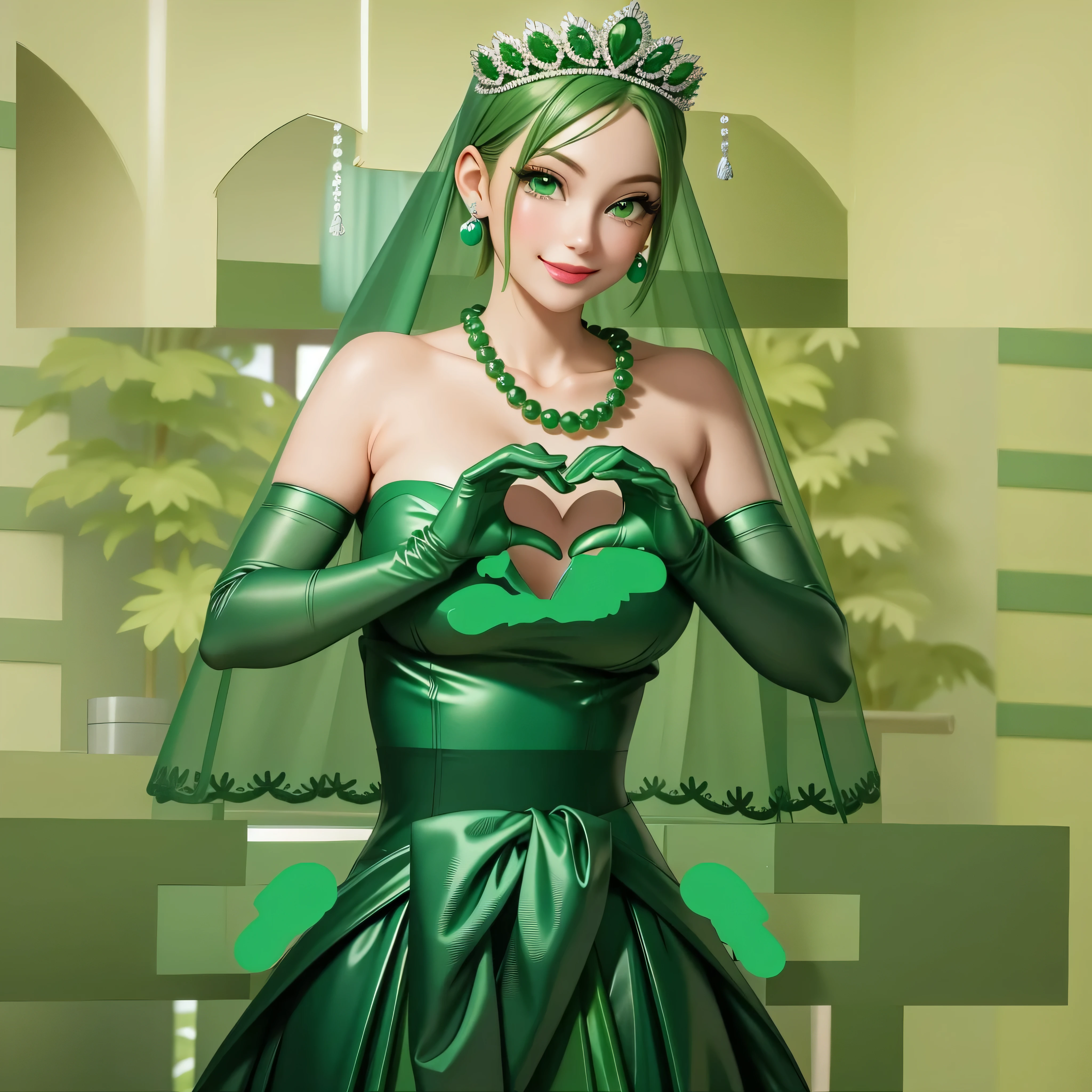emerald tiara, Green Pearl Necklace, Boyish very short green hair, Green Lips, Smiling Japanese woman, Very short hair, Busty beautiful lady, Green Eyes, Green satin long gloves, Green Eyes, Emerald Earrings, Green veil, Heart with both hands, Green Hair, Beautiful Japanese Woman, Heart shaped hands:1.3, green lip gloss