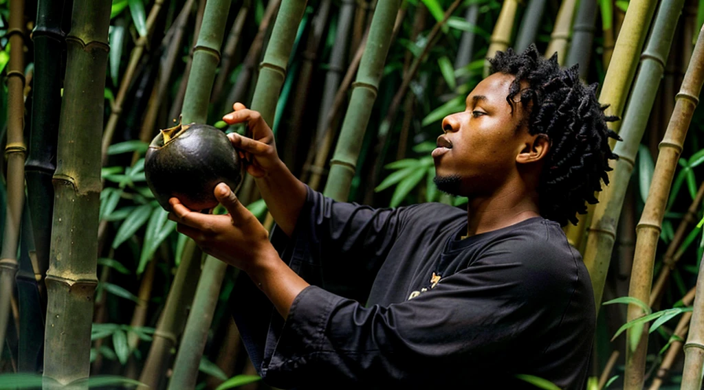 Image of a black teenager, 12 years - Shipment of a dark gray long-sleeved shirt = no print - short curly hair - long pants and straw sandals, - profile view - holds a fruit in his hand - holds the fruit towards his mouth - alone in the bamboo forest