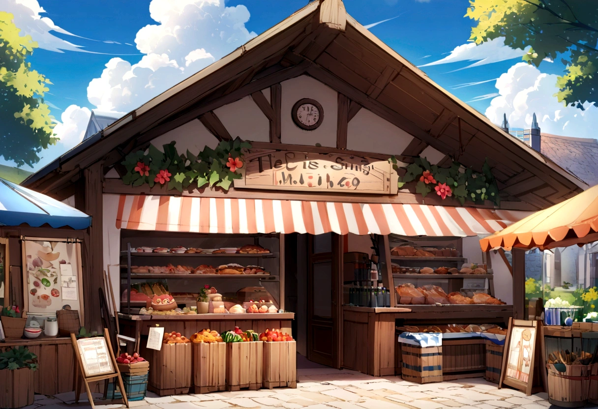 ((((masterpiece, Best Quality, High resolution)))), High detail, manga，anime，Illustrated style，Use of bright colors，Color scheme reminiscent of a daytime scene from a Ghibli studio，Medieval European fantasy worldview, Christmas market daytime, Bustling food stalls,Many food stalls are lined up，No humans，The clothes people are wearing remind me of the Ghibli Studio&#39;s Kiki&#39;s Delivery Service.， RPG-like scenery, Colorful tent stalls.Delicious food is on sale, The sky is bright blue、Fluffy white clouds floating, And the sun is shining brightly, Create a magical and cozy atmosphere.