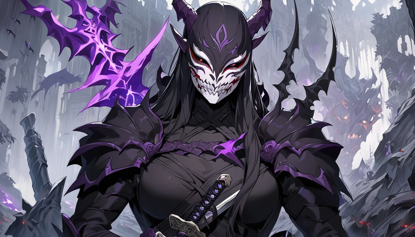 demon mask, sword on the hand,close up, black heavy detailed clothes, hand katana, art, dark and malevolent, hand sword, armor, powerful and intimidating, (masterpiece, best quality, ultra-detailed, best shadow), (detailed background, dark fantasy) dramatic light, intricate details, dark and malevolent, powerful and intimidating, Dark and foreboding, malevolent force, sinister and chilling, armor, high detailed background, girl in demon slayer art, demon slayer art style, epic anime art, God death