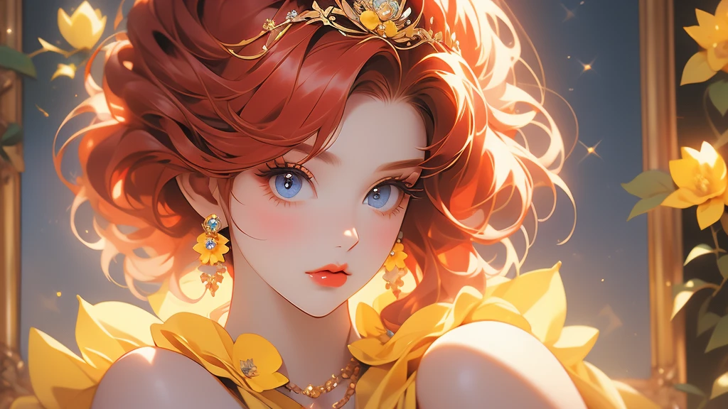 a woman with red hair and a tiara on her head in anime style, 1girl, jewelry, solo, yellow flower, earrings, red lips, blue eyes, red hair, makeup, looking at viewer, crown, short hair, eyelashes, yellow rose, bangs, necklace, lipstick, portrait, gem, bare shoulders, flower