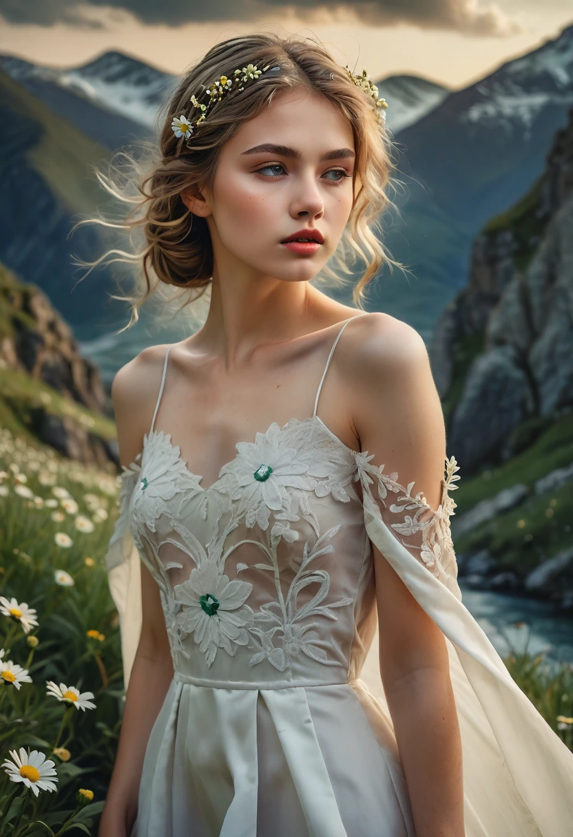 a beautiful woman with pale, translucent skin, veins in which rivers flow are visible on her arms and chest, with green hair on which many daisies grow, daisies grow in the woman’s hair, her hair is like grass, a woman in a white dress, slender, walking along the mountains rocks, masterpiece, (best quality, 4k, 8k, highres, masterpiece: 1.2), ultra-detailed, ( realistic, photo-realistic, photo-realistic: 1.37), detailed eyes, detailed lips, extremely detailed face, long eyelashes, natural lighting, intricate details, fantastic portrait, ethereal, serene, detailed skin texture, flowing dress, delicate flowers