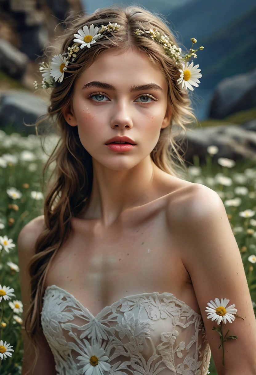 a beautiful woman with pale, translucent skin, veins in which rivers flow are visible on her arms and chest, with green hair on which many daisies grow, daisies grow in the woman’s hair, her hair is like grass, a woman in a white dress, slender, walking along the mountains rocks, masterpiece, (best quality, 4k, 8k, highres, masterpiece: 1.2), ultra-detailed, ( realistic, photo-realistic, photo-realistic: 1.37), detailed eyes, detailed lips, extremely detailed face, long eyelashes, natural lighting, intricate details, fantastic portrait, ethereal, serene, detailed skin texture, flowing dress, delicate flowers