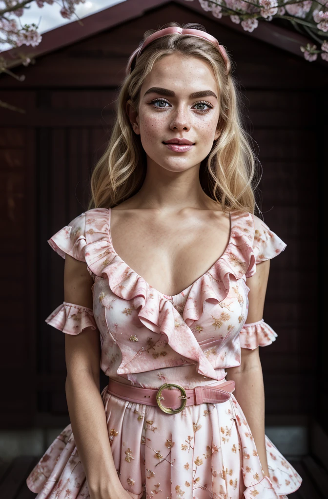 A beautiful sensual curvy blonde tween wearing a sweet Pink  Contrast Mesh, Ruffle Hem, All Over cherry blossoms Print, A Line, Short puff Sleeves, Sweetheart neckline, thin gold belt with tiny heart buckle, High Waist,Flounce hem Long gown, very long curling hair, cute, sweet, town picnic, warm  atmosphere, pretty, pretty lighting, 8k, octane render, detailed, detailed background, 35mm, realistic, photorealistic, perfect face, cherry blossoms barrettes in hair, freckles, ((American face)), American 
