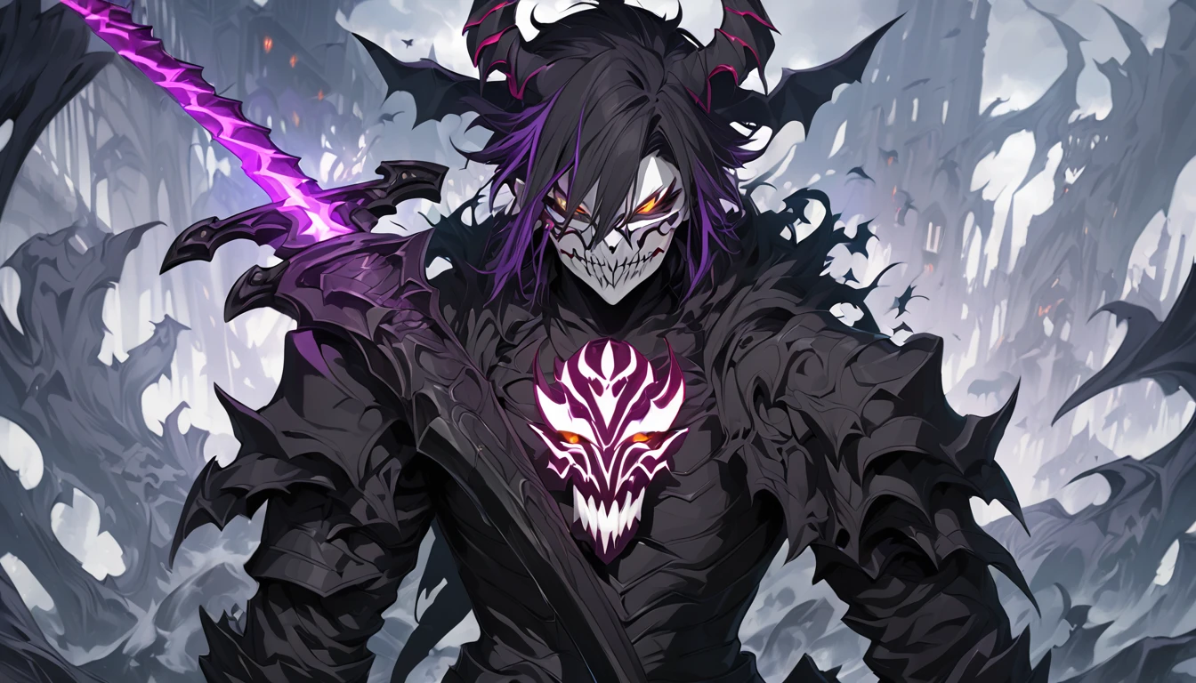 demon mask, sword on the hand,close up, black heavy detailed clothes, hand katana, art, dark and malevolent, hand sword, armor, powerful and intimidating, (masterpiece, best quality, ultra-detailed, best shadow), (detailed background, dark fantasy) dramatic light, intricate details, dark and malevolent, powerful and intimidating, Dark and foreboding, malevolent force, sinister and chilling, armor, high detailed background, girl in demon slayer art, demon slayer art style, epic anime art, God death