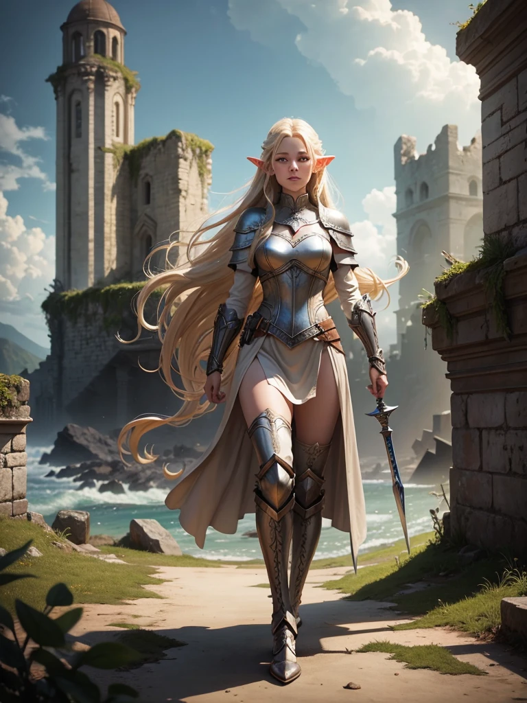 A photorealistic full body shot of an elf with long blonde hair wearing beige battle armor and wearing white Lace-up thigh-length boots with 5-inch heels. 18 years old, standing on the ruins of her medieval city, holding two daggers, in a fantasy setting with an ocean in the background, in the style of epic fantasy art.