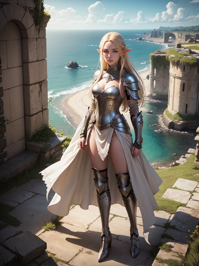 A photorealistic full body shot of an elf with long blonde hair wearing beige battle armor and wearing white Lace-up thigh-length boots with 5-inch heels. 18 years old, standing on the ruins of her medieval city, holding two daggers, in a fantasy setting with an ocean in the background, in the style of epic fantasy art.