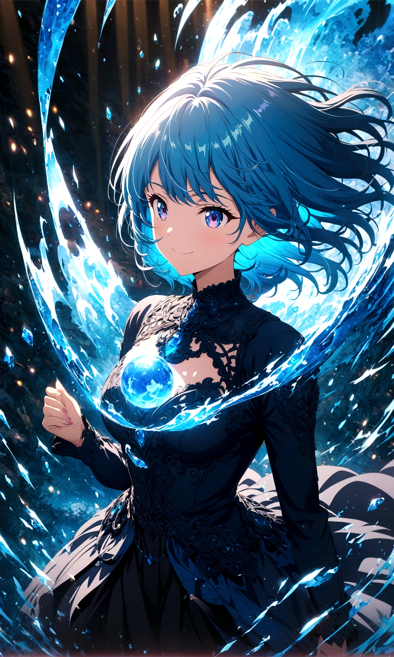 Anime style, ultra-detailed, 8K CG, blue-haired girl, smile, blue world, mysterious blue objects floating.