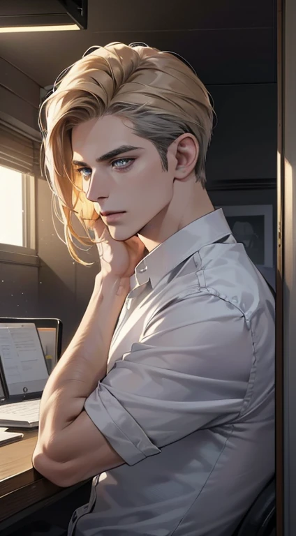 (best quality, masterpiece, 8K, photorealistic, cinematic lighting, hdr image, ultra detailed, beautiful image), 1 man, 31 years old, mature man, very handsome, (without expression, serious), short golden hair, blue grey eyes ( penetrating gaze), perfect face without errors, imposing posture, without errors, businessman, office background
