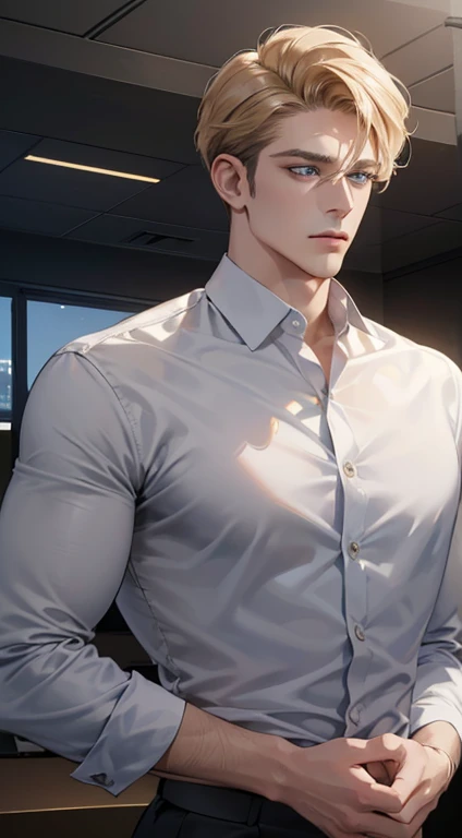 (best quality, masterpiece, 8K, photorealistic, cinematic lighting, hdr image, ultra detailed, beautiful image), 1 man, 31 years old, mature man, very handsome, (without expression, serious), short golden hair, blue grey eyes ( penetrating gaze), perfect face without errors, imposing posture, without errors, businessman, office background