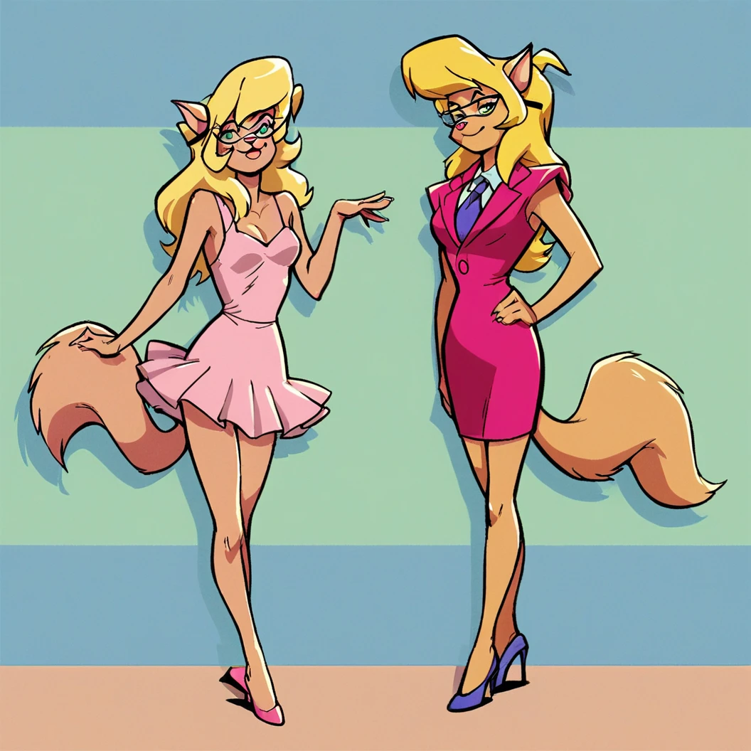 score_9, score_8_up, score_7_up, score_6_up, score_5_up, score_4_up, (Source furry), (rating safe), dance studio, standing, glasses, callie briggs, detailed, detailed fur, front view, ballerinas, 2girls, duo, , pink tutu, short dress, ballet dance, pirouette, having fun, bare legs, long legs