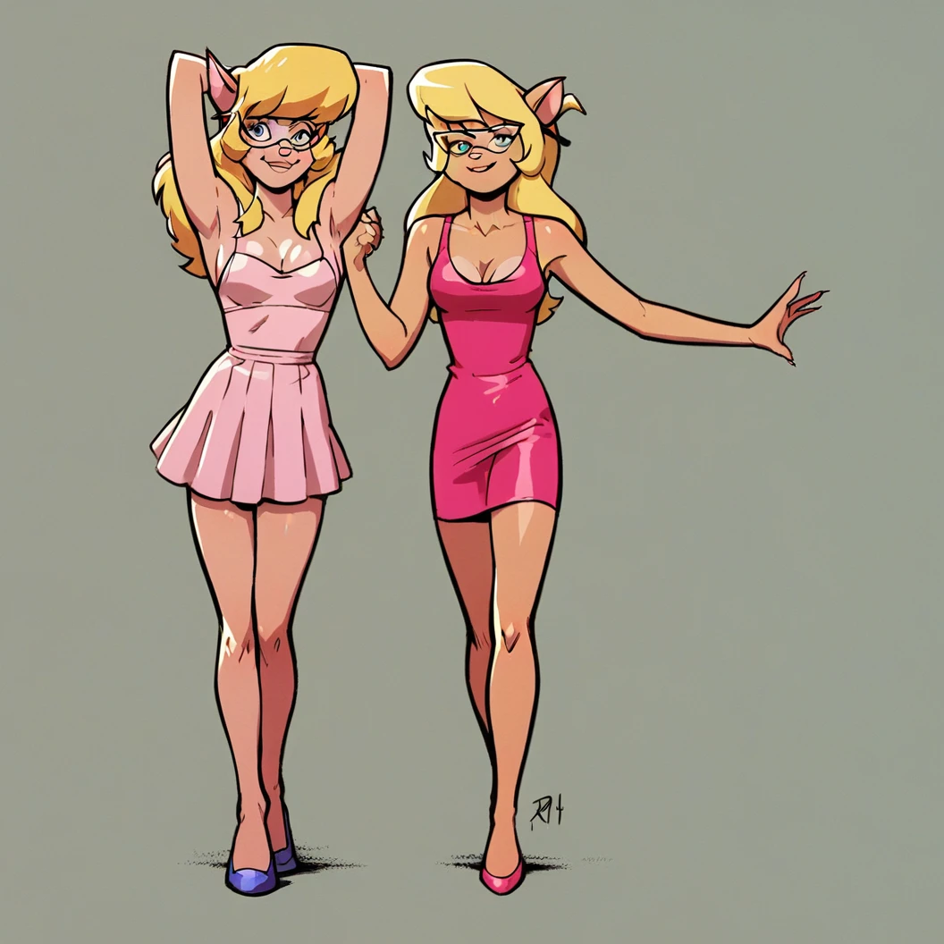 score_9, score_8_up, score_7_up, score_6_up, score_5_up, score_4_up, (Source furry), (rating safe), dance studio, standing, glasses, callie briggs, detailed, detailed fur, front view, ballerinas, 2girls, duo, , pink tutu, short dress, ballet dance, pirouette, having fun, bare legs, long legs
