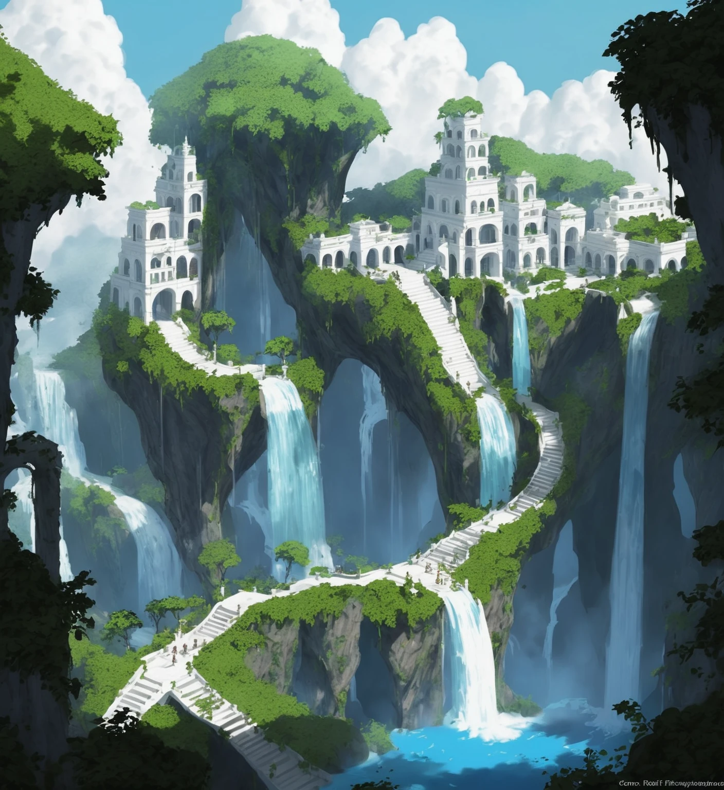 Elf city, built on a large tree, white buildings, with waterfalls, a plantation below the city, a huge staircase in the middle,High Fantasy Realm ral-fntsyrlms