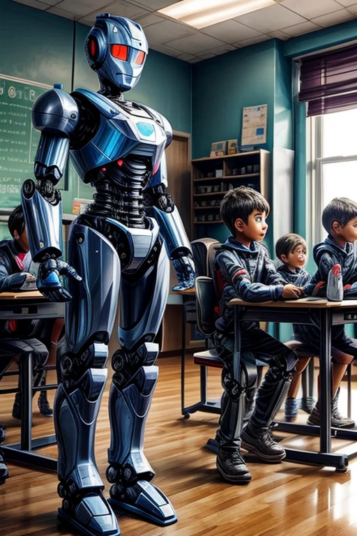 Robot teaching the class having boys and girls 
